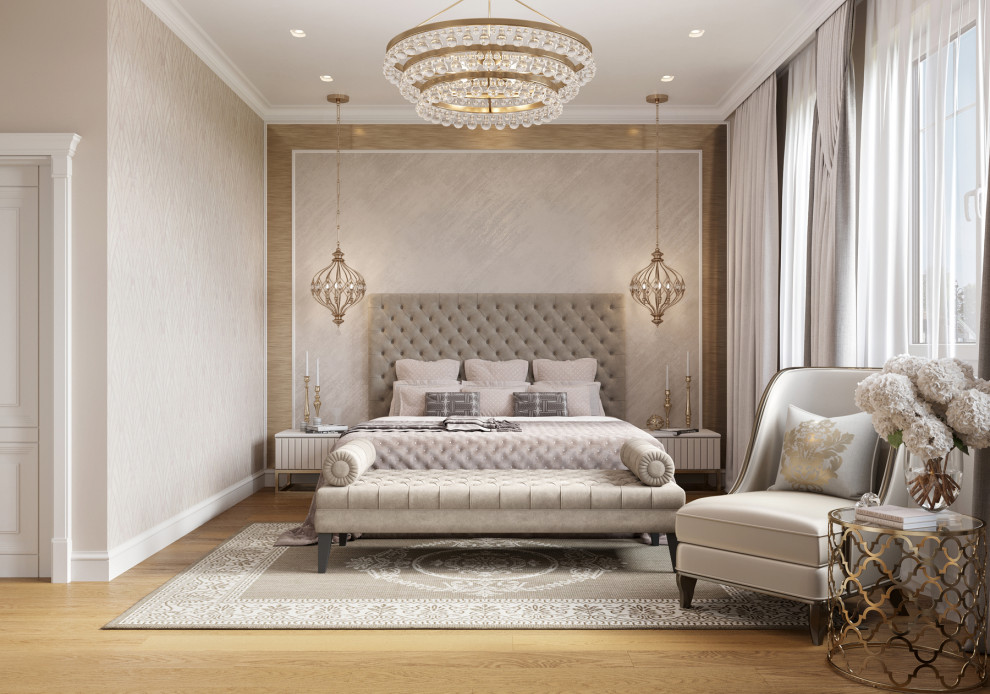 Элегантная спальня с камином