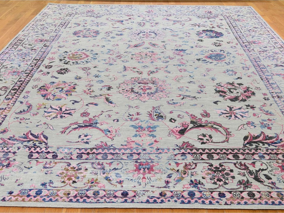 Pink Erased Wool And Silk Tabriz Design Hand Knotted Oriental Rug 9 X12 1 Contemporary Area Rugs By Shahbanu - 9 X 12 Wool Oriental Rugs Pink Erased Wool And Silk Tabriz Design Hand Knotted Oriental Rug 9 X12 1 Contemporary Area Rugs By Shahbanu - 9 X 12 Wool Oriental Rugs