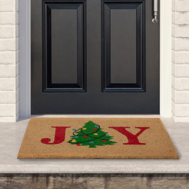 Natural Coir "Joy" Christmas Tree Doormat 18"x30" Contemporary