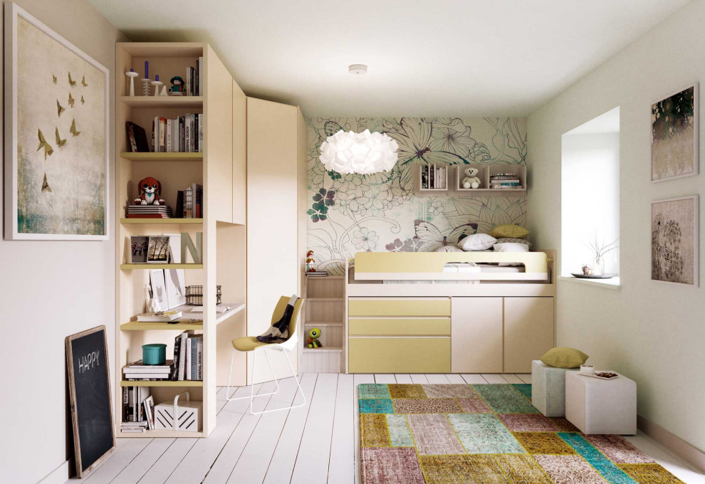 Imagen de dormitorio infantil de 4 a 10 años minimalista de tamaño medio con paredes rosas, suelo laminado, suelo blanco y papel pintado