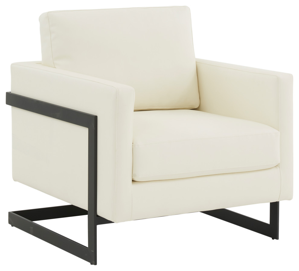 LeisureMod Lincoln Modern Leather Arm Chair With Black Steel Frame, White