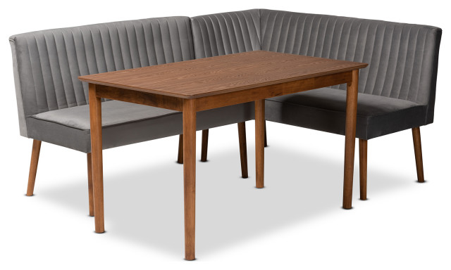 Alvis Modern Grey Velvet and Walnut Brown Finished Wood 3-Piece Dining Nook Set