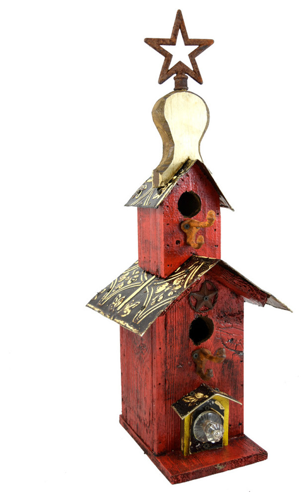 Rustic 2-Story Birdhouse with Iron Star, Reclaimed Wood, American Made, Red