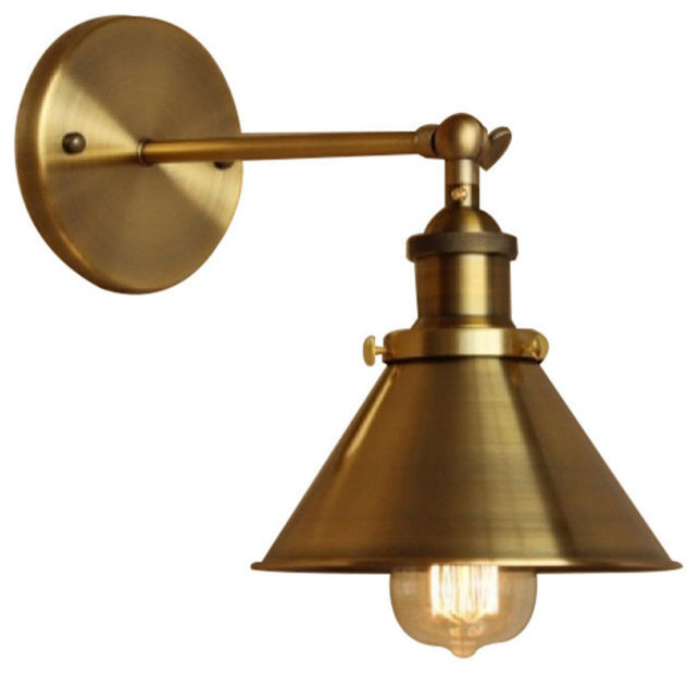 1-Light Wall Sconce With Metal Cone Shade, Brass