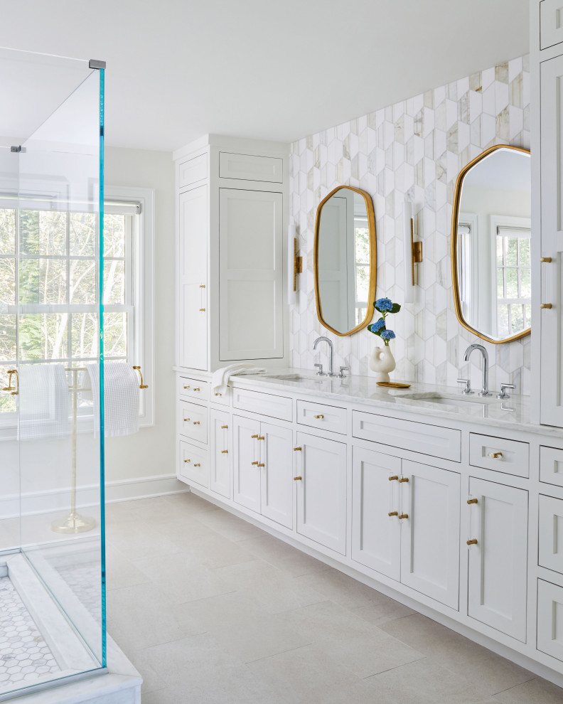 Inspiration for a mid-sized contemporary master wet room bathroom in New York with white cabinets, white walls, an undermount sink, granite benchtops, white benchtops, a double vanity, a built-in vanity, recessed-panel cabinets, porcelain floors and yellow floor.