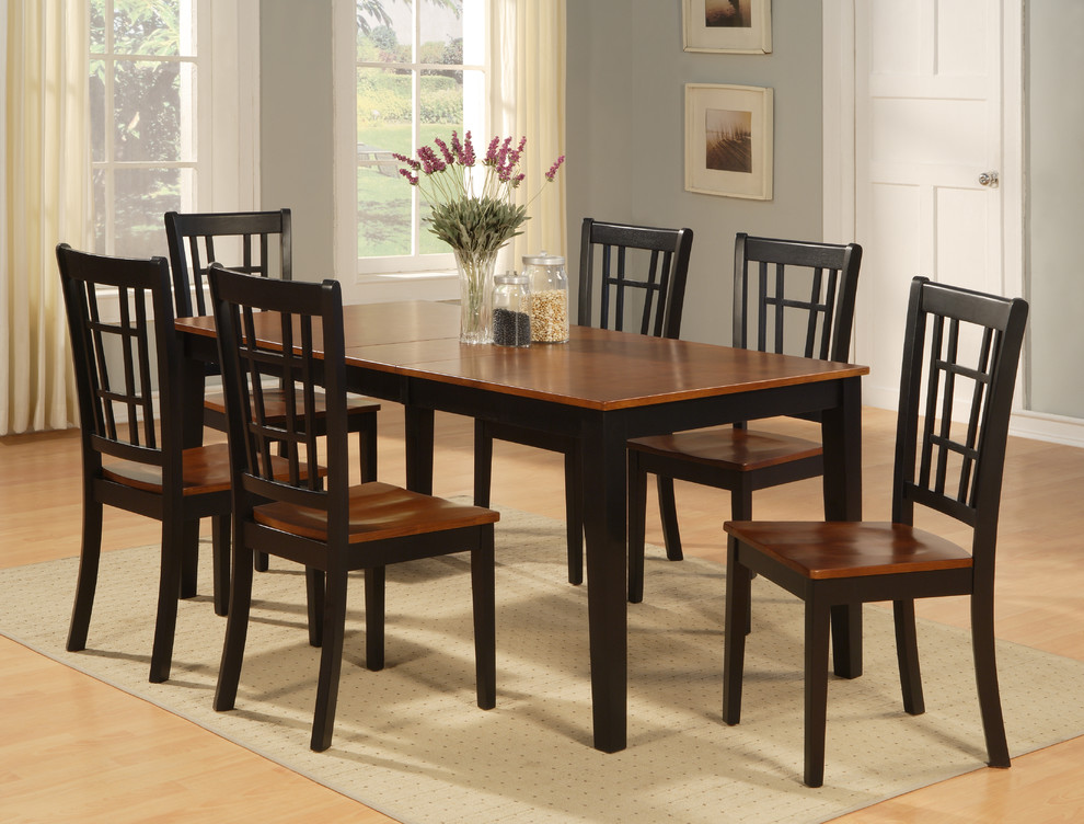 Nicoli Dining Set, Table with 6 wood chairs in Black and Cherry. SKU: N7-BLK-W