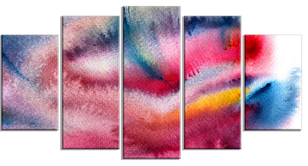 "Blue and Red Abstract Stain" Glossy Metal Wall Art, 60"x32" 5 Panel