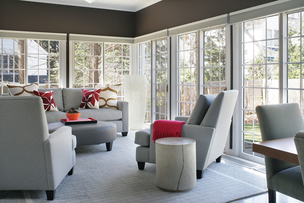 Photo of a mid-sized modern sunroom in New York with a standard ceiling, ceramic floors and grey floor.