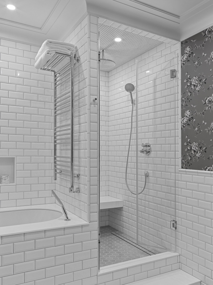 Design ideas for a transitional 3/4 bathroom in Moscow with an alcove shower, white tile, subway tile and a hinged shower door.