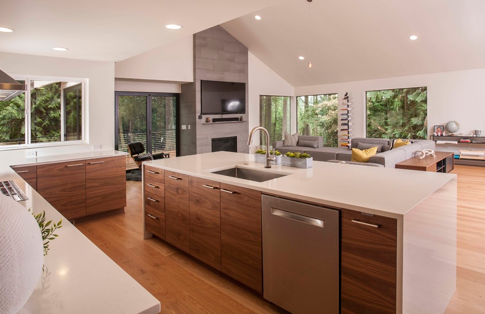 Design ideas for a contemporary kitchen in Seattle with flat-panel cabinets and with island.