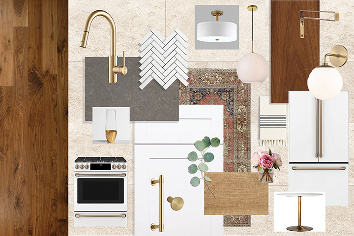 Mid-sized transitional ceramic tile and beige floor eat-in kitchen photo in San Francisco with a farmhouse sink, shaker cabinets, white cabinets, quartz countertops, multicolored backsplash, mosaic tile backsplash, white appliances and gray countertops