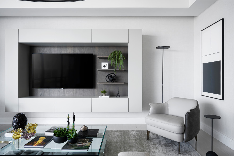 Inspiration for a medium sized contemporary open plan living room in Miami with beige walls, porcelain flooring, a built-in media unit, beige floors and wallpapered walls.