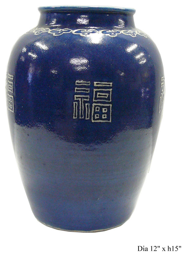 Chinese Fok Character Blue Glaze Clay Vase Pot