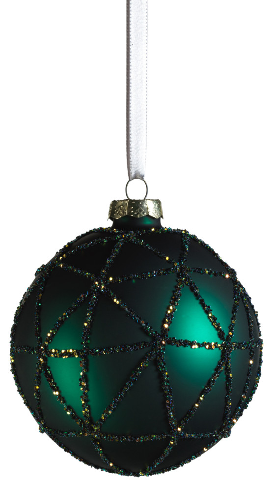 Dark Green Glass Ball Ornaments With Sequins, Set of 6, 4" Christmas Ornaments by Zodax Houzz