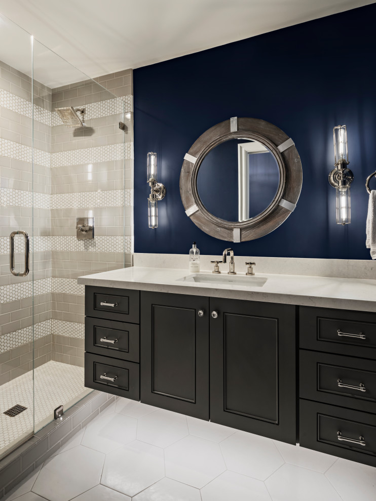 Inspiration for a small kids bathroom in Phoenix with raised-panel cabinets, blue cabinets, an open shower, a one-piece toilet, white tile, porcelain tile, grey walls, ceramic floors, an undermount sink, quartzite benchtops, white floor, an open shower and white benchtops.