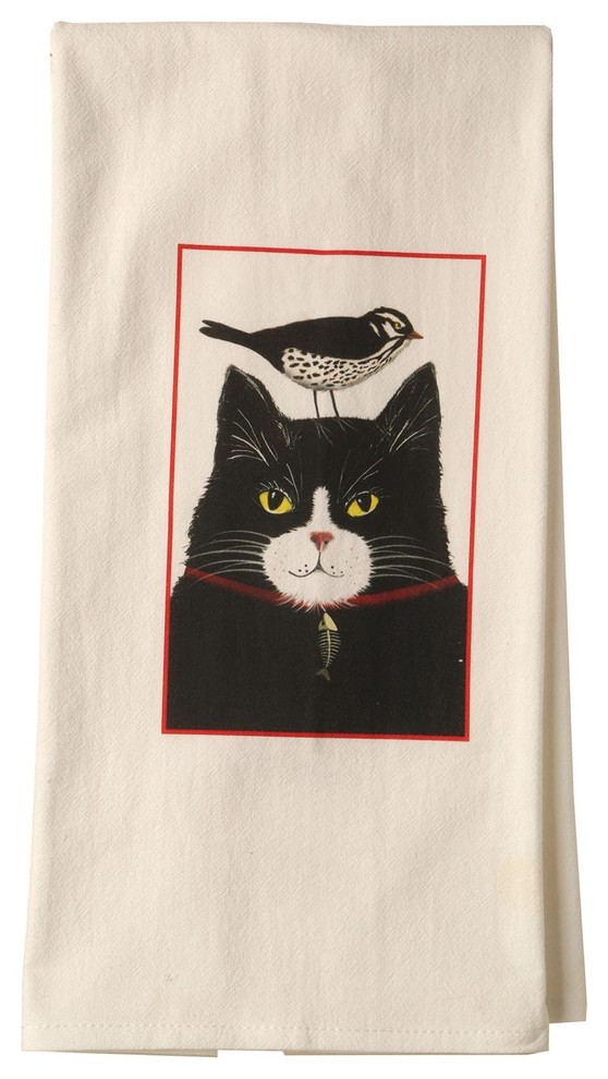 Busy Kitties Tea Towels Black Cat With Bird Cotton Flour Sack