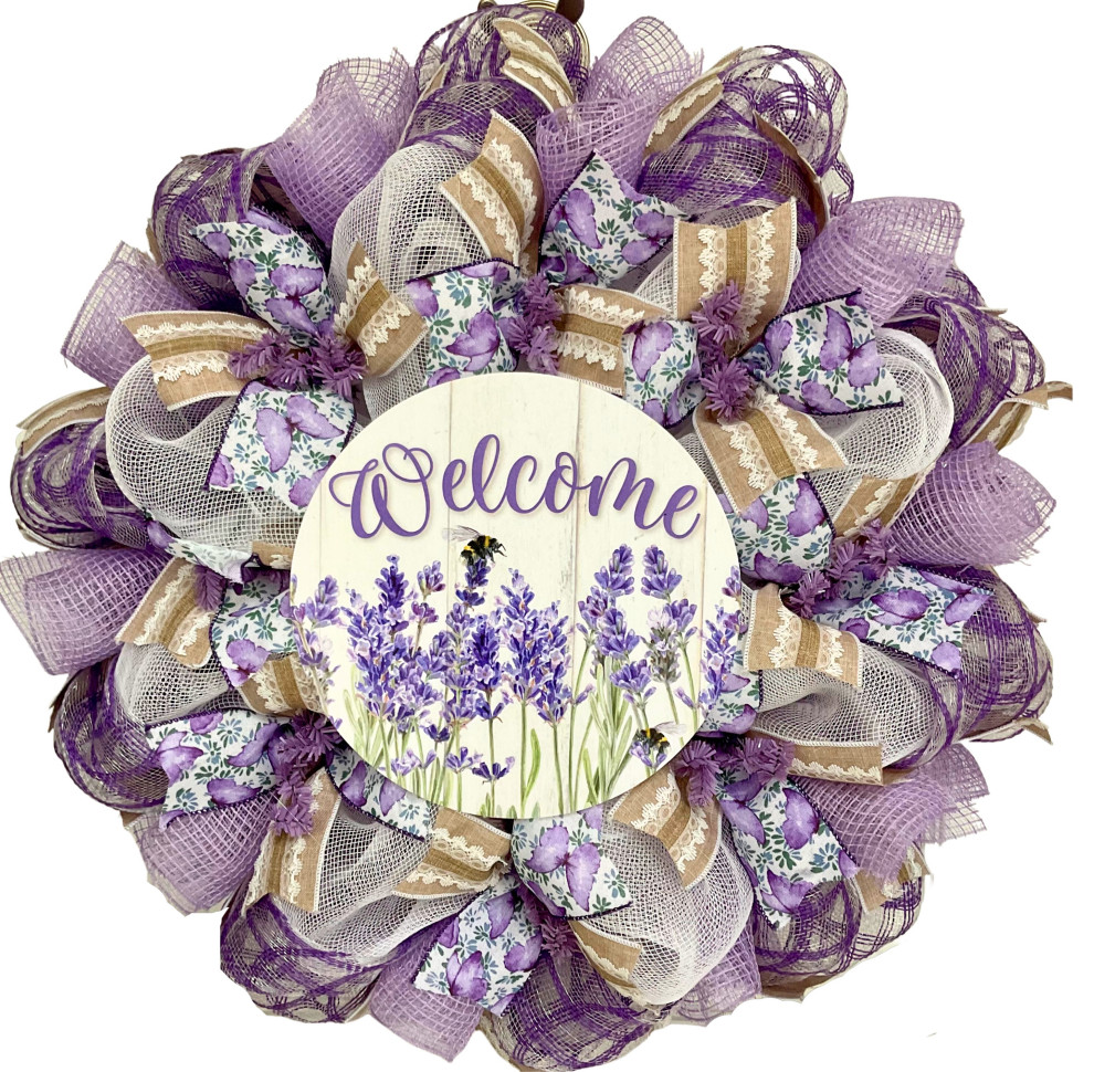Lavender Welcome Wreath Handmade Deco Mesh 24 inch or 28 inch diameter, Extra Large 28 Inch
