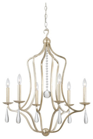 WROUGHT IRON AND SILVER LEAF 6 LIGHT CHANDELIER 
