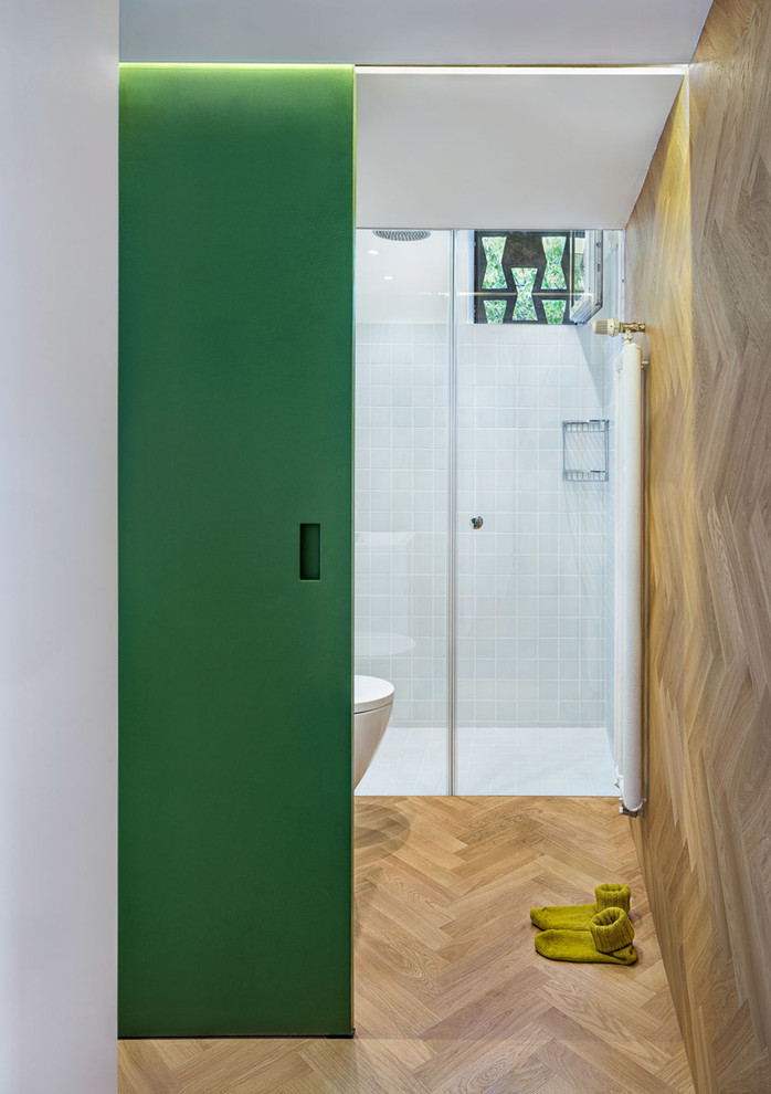 Example of a small eclectic master white tile and cement tile dark wood floor bathroom design with white walls