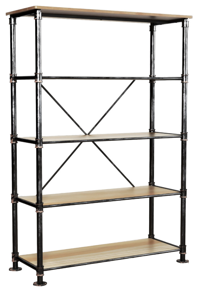 Industrial Bookcase, Pipe Metal Frame With Natural Wooden Shelves, Sand Black Industrial