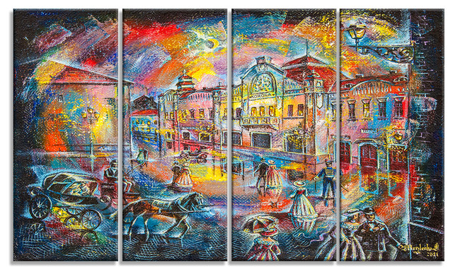 "Night City With People" Cityscape Canvas Artwork