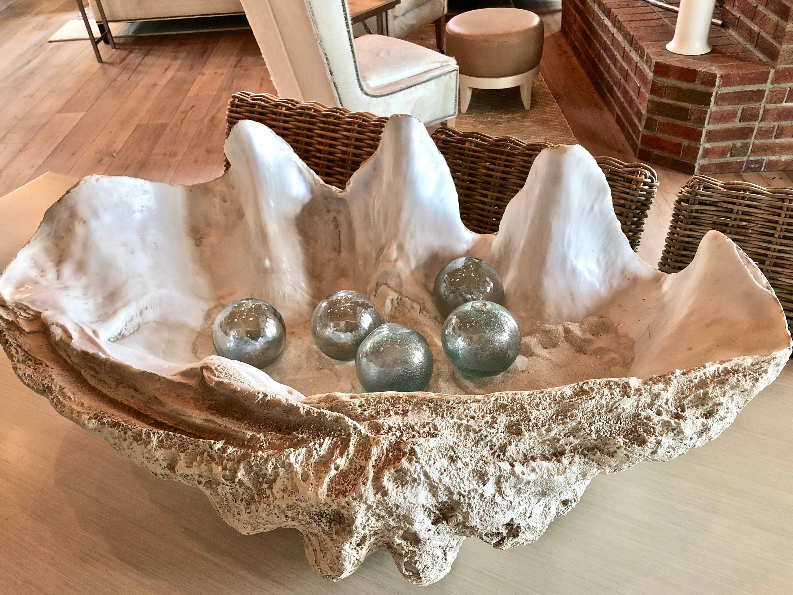 Decorative Oyster Shell with glass orbs & white sand