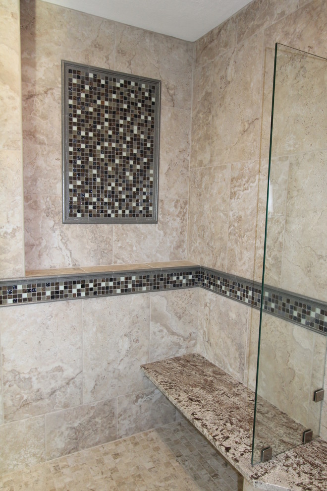 Transitional master multicolored tile and mosaic tile porcelain tile doorless shower photo with a console sink