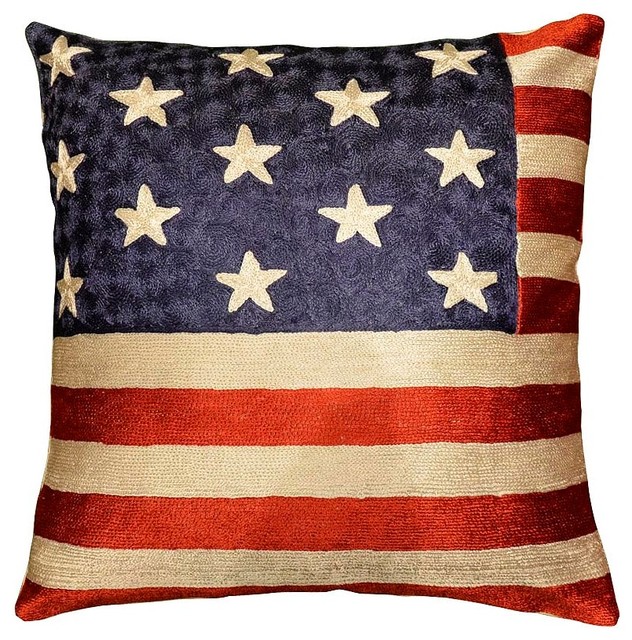 American Flag Pillow Cover Union Jack Hand Embroidered Art Silk 18x18"