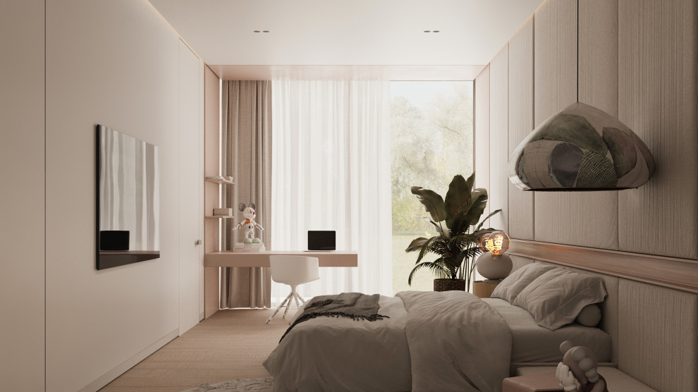 Ispirazione per una camera degli ospiti minimalista di medie dimensioni con pareti beige, parquet chiaro, nessun camino e pavimento beige