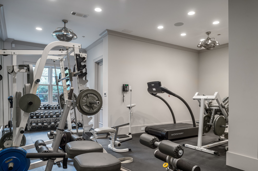This is an example of a large transitional multipurpose gym in Atlanta with grey walls.