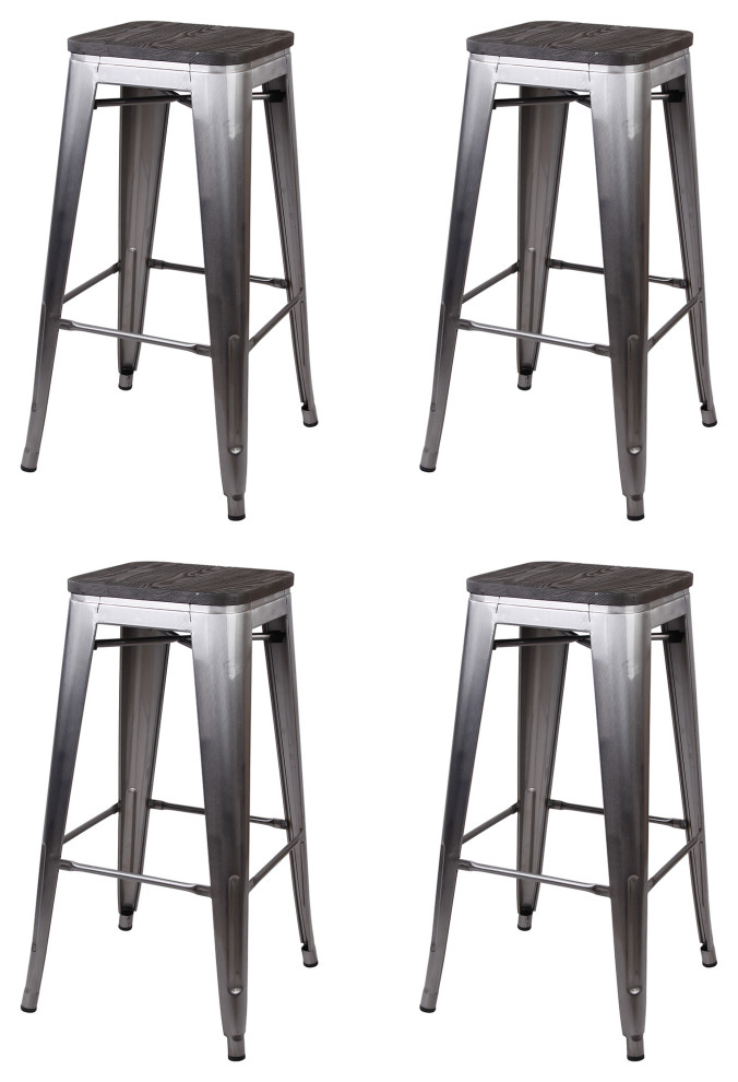 Metal Gunmetal Bar Stools With Dark Wooden Seat, Set of 4 Industrial
