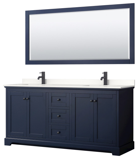 Avery 72" Dark Blue Double Vanity, White Quartz Top (1-Hole), Black Trim,70" Mrr