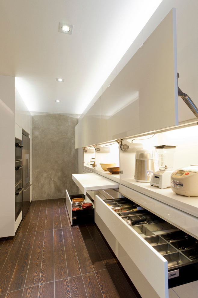 Contemporary galley kitchen in Singapore with flat-panel cabinets and white cabinets.