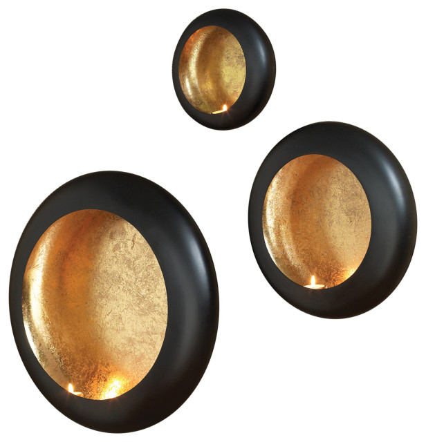 3Piece Elegant Round Tea Light Wall Candle Sconce Disc Set, Black/Gold