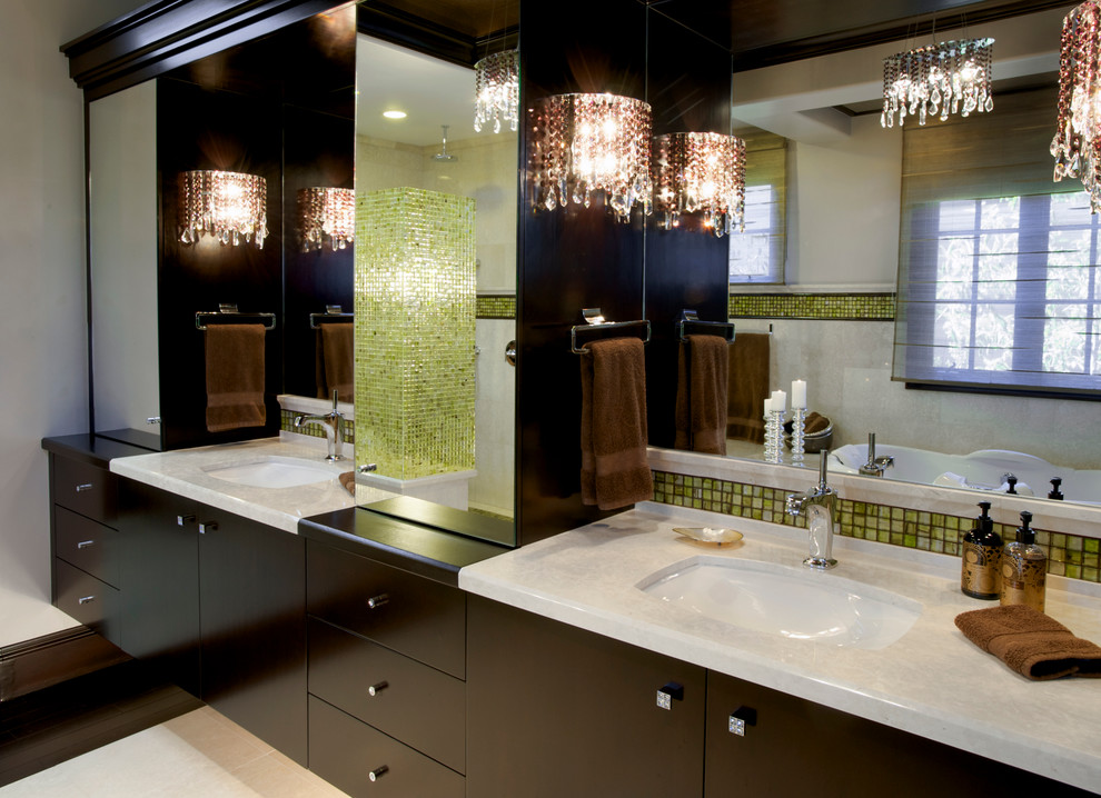 Inspiration for a large transitional master bathroom in Orange County with flat-panel cabinets, dark wood cabinets, a corner tub, an open shower, green tile, mosaic tile, beige walls, limestone floors, an undermount sink, marble benchtops, beige floor and an open shower.
