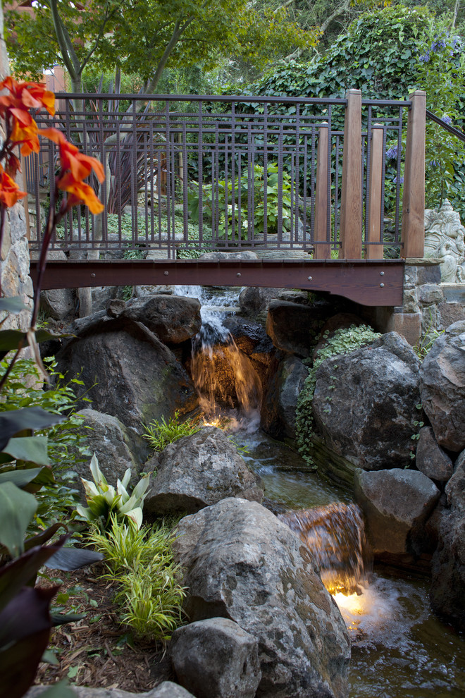 Inspiration for a tropical garden in San Francisco with with waterfall.