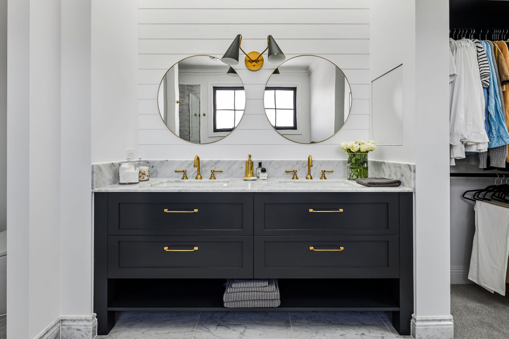 This is an example of a country bathroom in Other with shaker cabinets, black cabinets, white walls, an undermount sink, grey floor, grey benchtops, a double vanity, a built-in vanity and planked wall panelling.