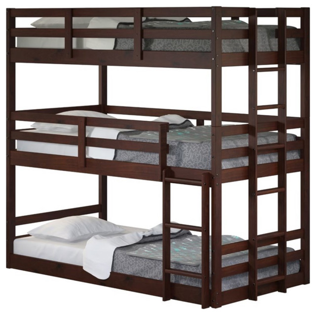 Pemberly Row Twin Solid Wood Triple Bunk Bed in Cappuccino Finish