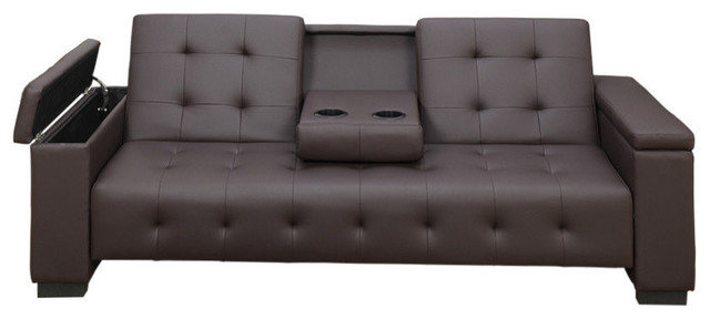 Faux Leather Adjustable Sofa With Dropdown Console Espresso Brown