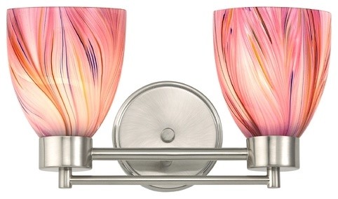 Satin Nickel Modern Bathroom Light With Pink Art Glass, 702-09 GL1004MB