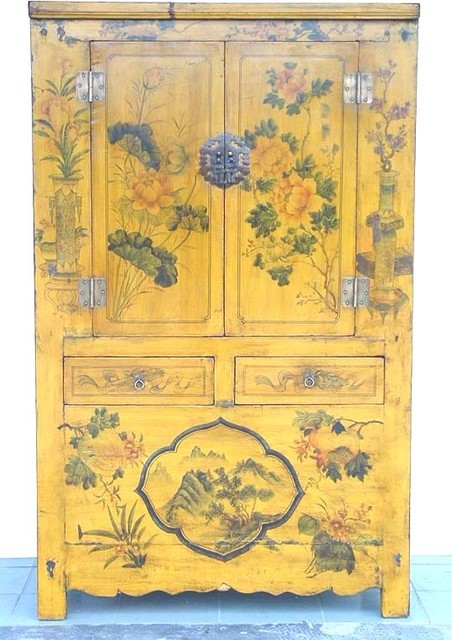 Asian Rare Yellow Lacquered painted flowers Antique Chinese Chinoiserie Cabinet