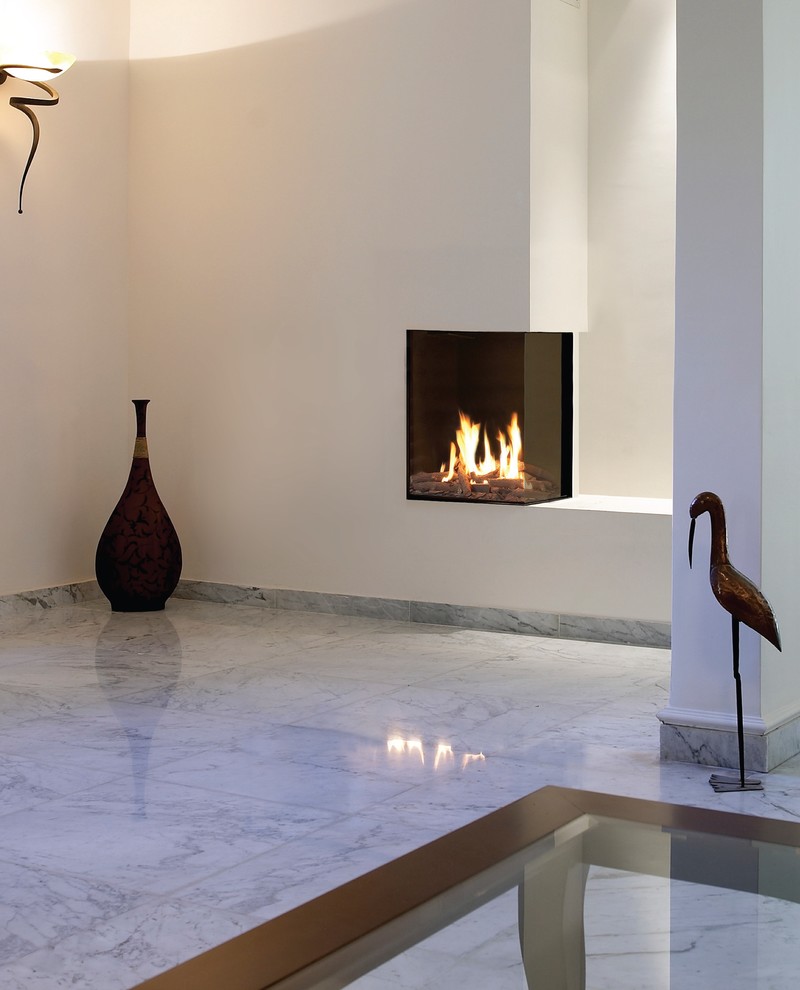 Photo of a contemporary family room in Los Angeles with a corner fireplace.