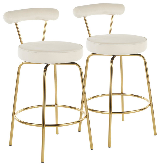 Rhonda Glam Counter Stool, Gold Metal and Cream Velvet, Set of 2, 20"L