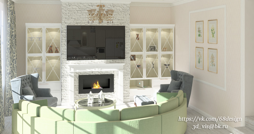 Дизайн и визуализация кухни-гостиной (54м2) загородного дома, в стиле прованс.