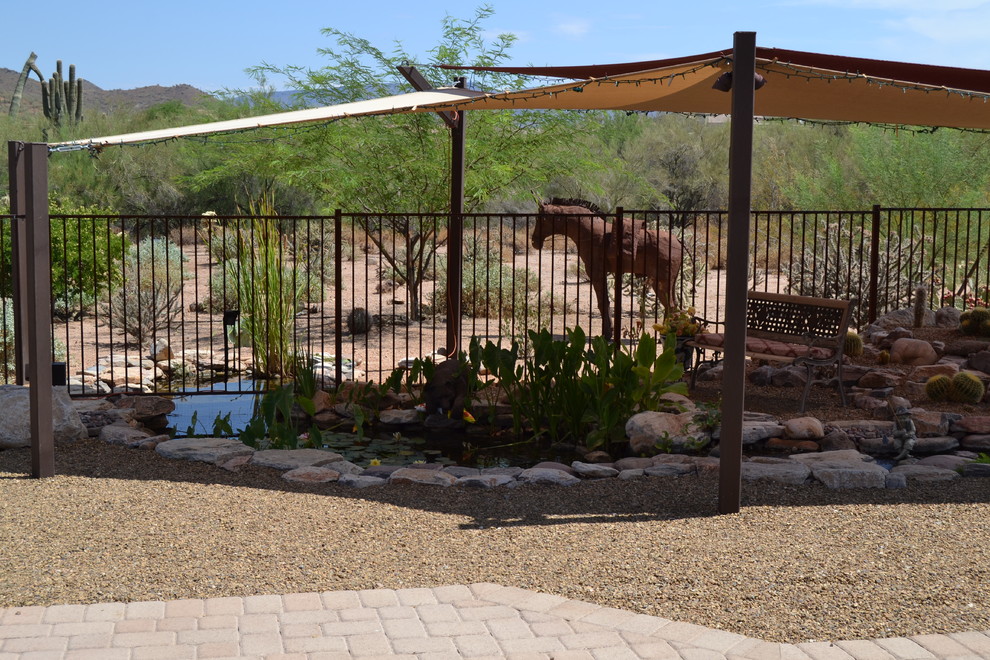 Photo of a large backyard full sun garden in Phoenix with with pond.