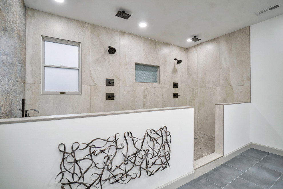Large minimalist master multicolored tile ceramic tile, gray floor and double-sink bathroom photo in Other with recessed-panel cabinets, white cabinets, a one-piece toilet, a drop-in sink, granite countertops, gray countertops and a built-in vanity
