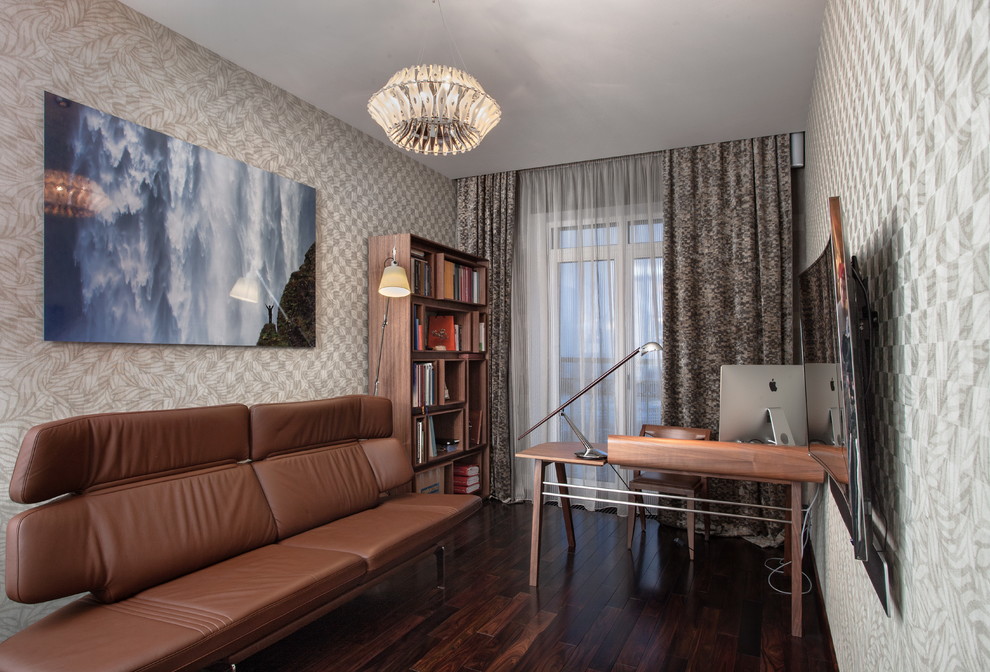 Design ideas for a contemporary study room in Saint Petersburg with beige walls, dark hardwood floors, a freestanding desk and brown floor.