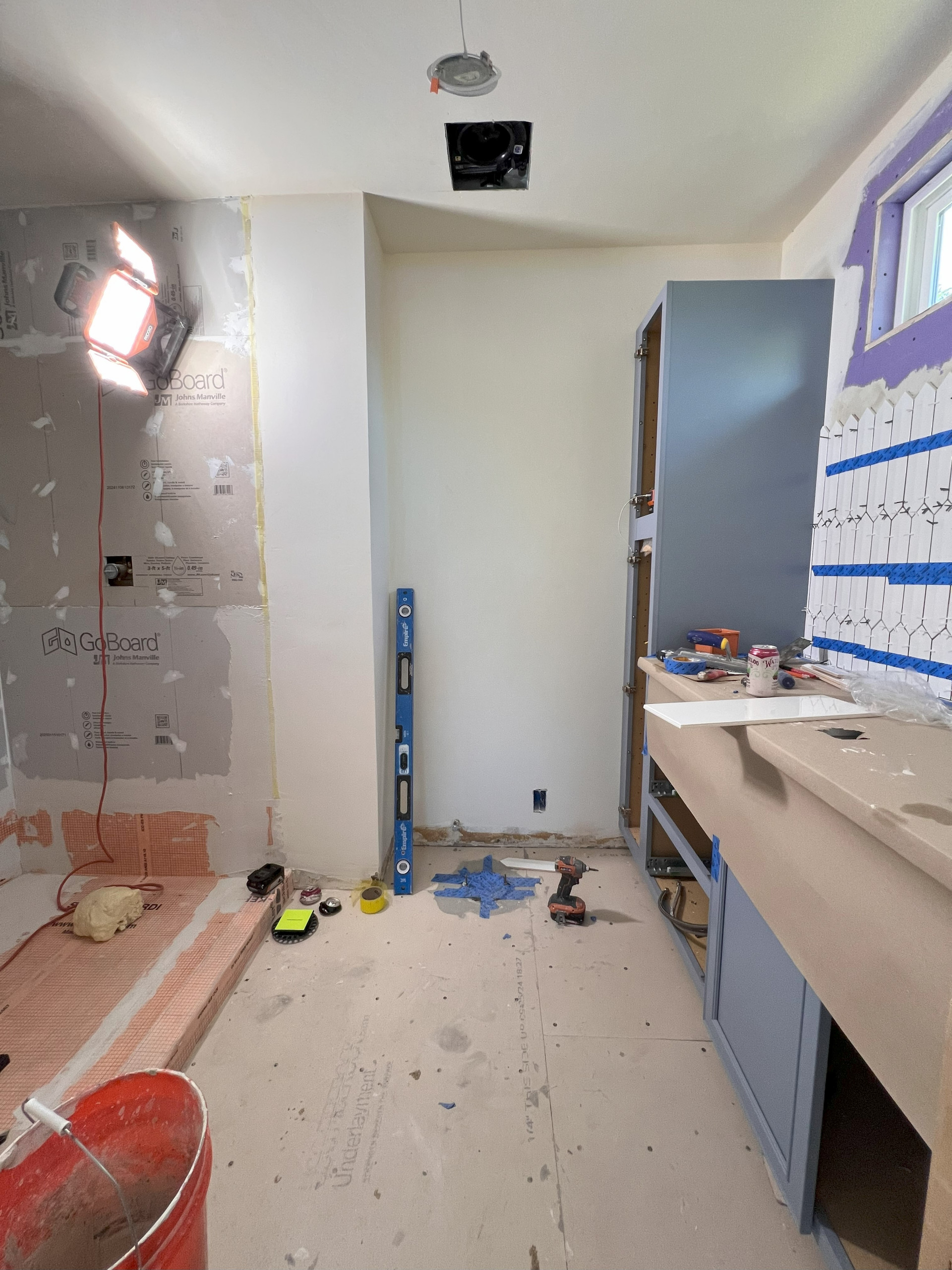 DURING!  Preparing the shower & backsplash for tile