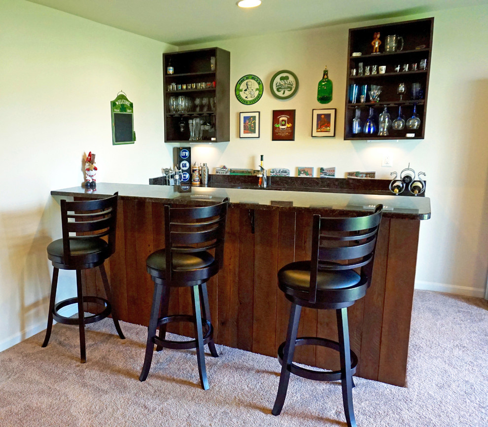 Photo of a small galley seated home bar in Baltimore with an undermount sink, open cabinets, black cabinets, granite benchtops and ceramic floors.