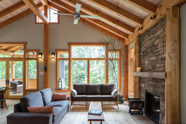 small timber frame home rustic-living-room